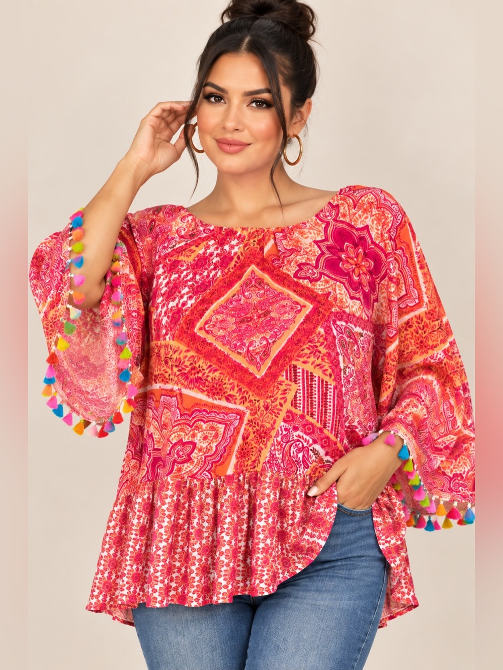 Cupio Pink & Orange Paisley Pom-Pom Tunic Top